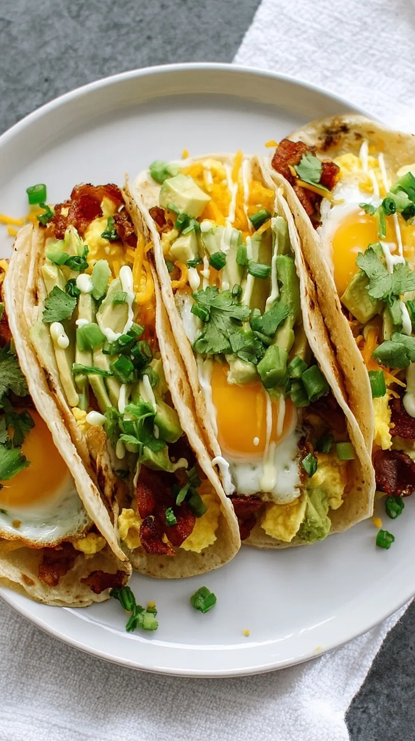 Close up of soft scrambled egg tacos with bacon, cheese, and sliced avocado on a white plate