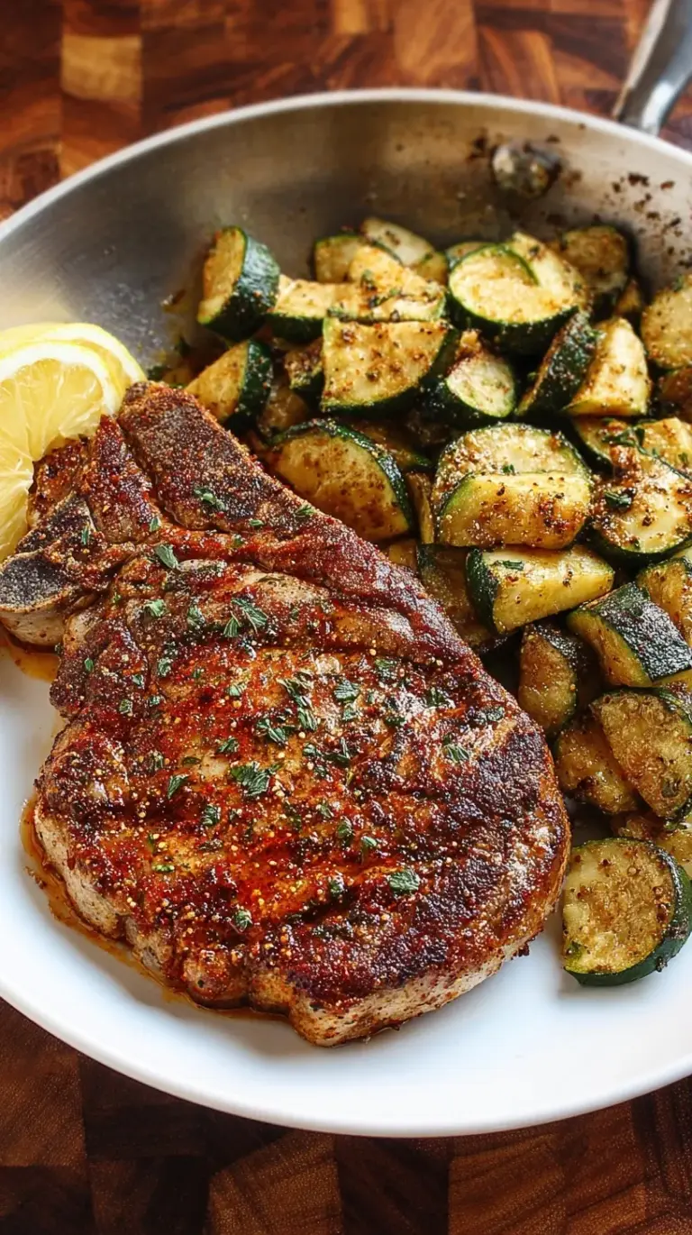 Pan-seared Cajun pork chops served with sautéed lemon garlic zucchini and fresh parsley garnish