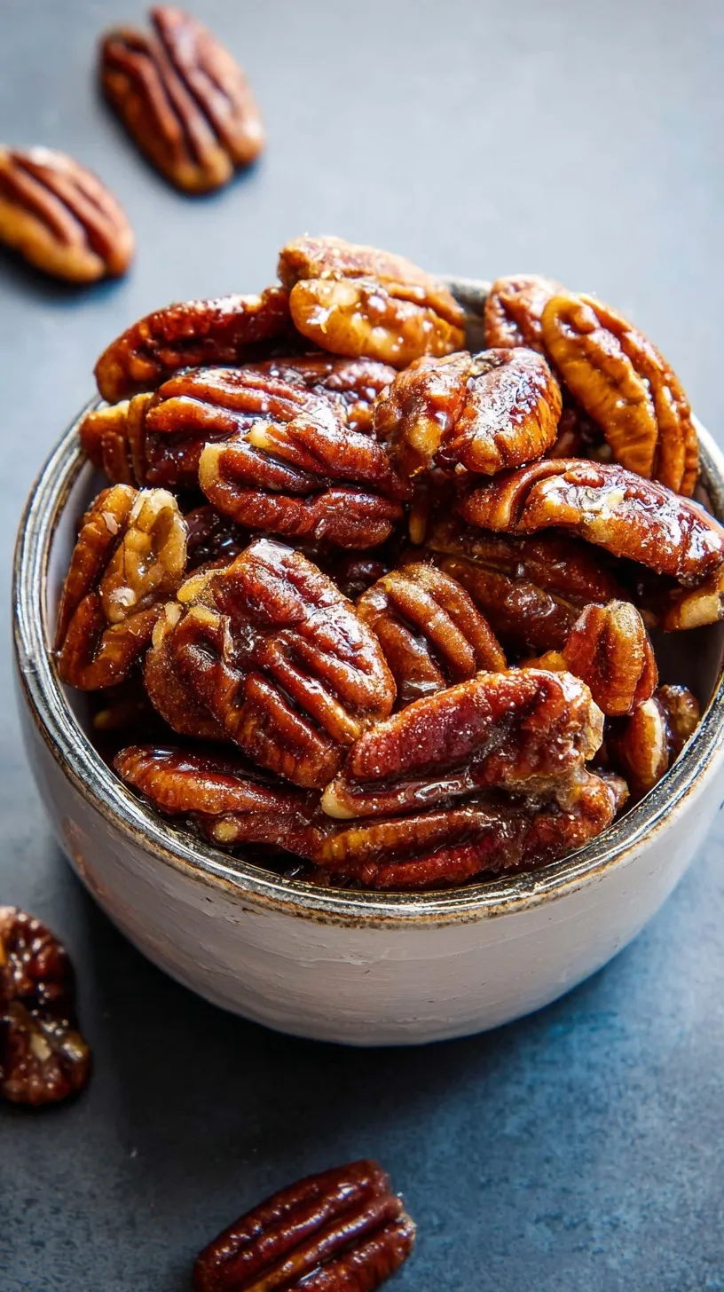 Easy Candied Pecans in a white bowl, golden and caramelized with sugar coating