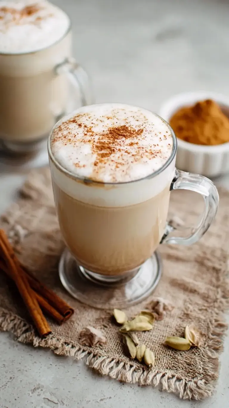 A steaming mug of easy chai latte with frothed milk and a sprinkle of cinnamon on top.
