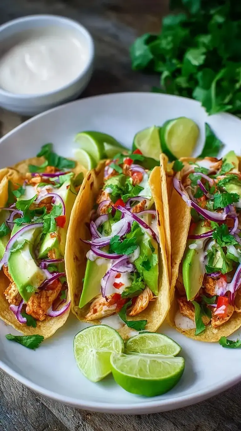 A platter of fresh chicken tacos with shredded lettuce, cheese, and lime wedges