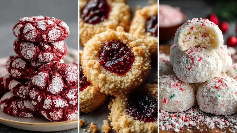 Easy Christmas cookies: red velvet crinkle cookies, jam thumbprint cookies and peppermint snowball cookies