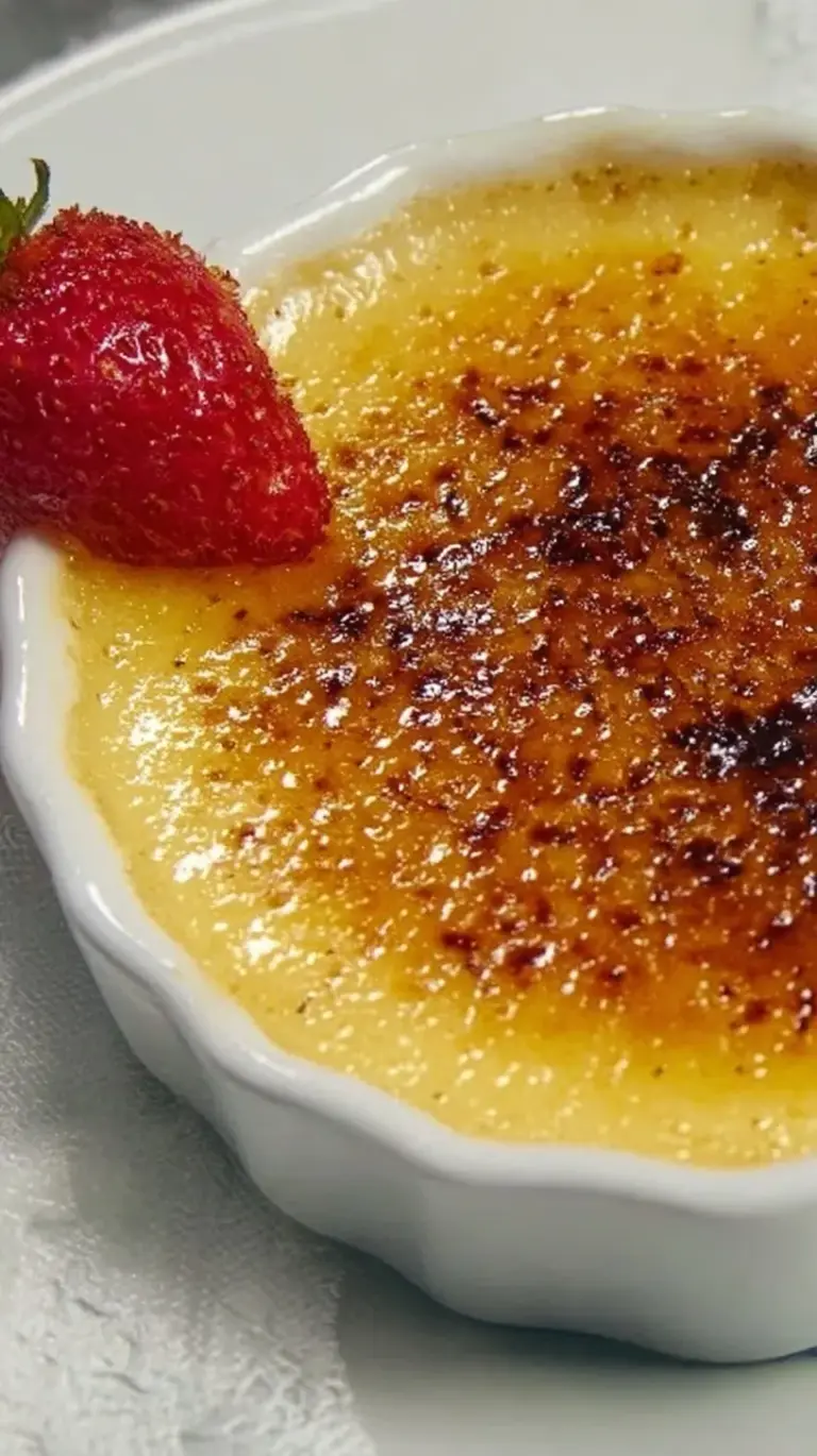 A close up shot of a spoon cracking the caramelized sugar top of a creamy vanilla creme brulee in a white ramekin.