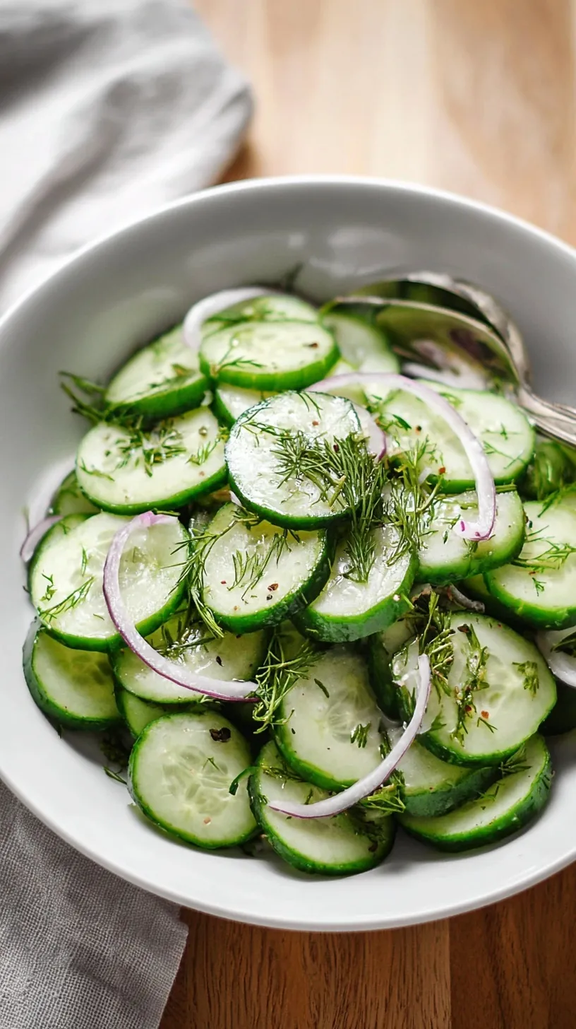 Easy cucumber salad in a white bowl with fresh dill and red onions