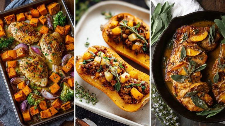 Easy fall dinners: maple glazed sheet pan chicken with sweet potatoes, apple sausage stuffed butternut squash and apple cider sage pork chops