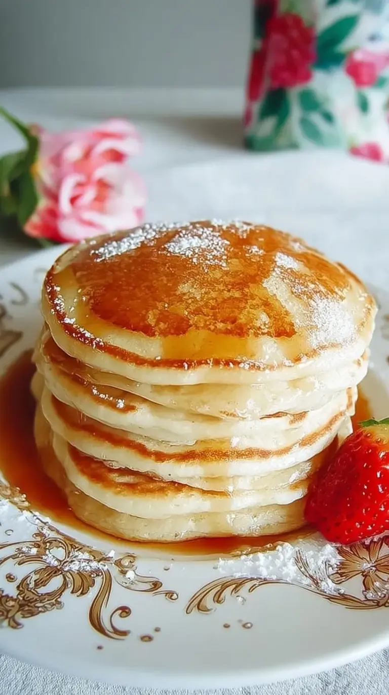 A stack of golden brown fluffy vanilla pancakes topped with butter and syrup