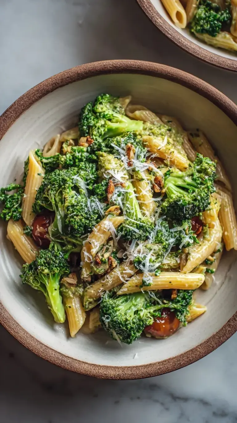 A bowl of whole wheat fusilli pasta tossed with bright green broccoli florets, garlic, and parmesan cheese.