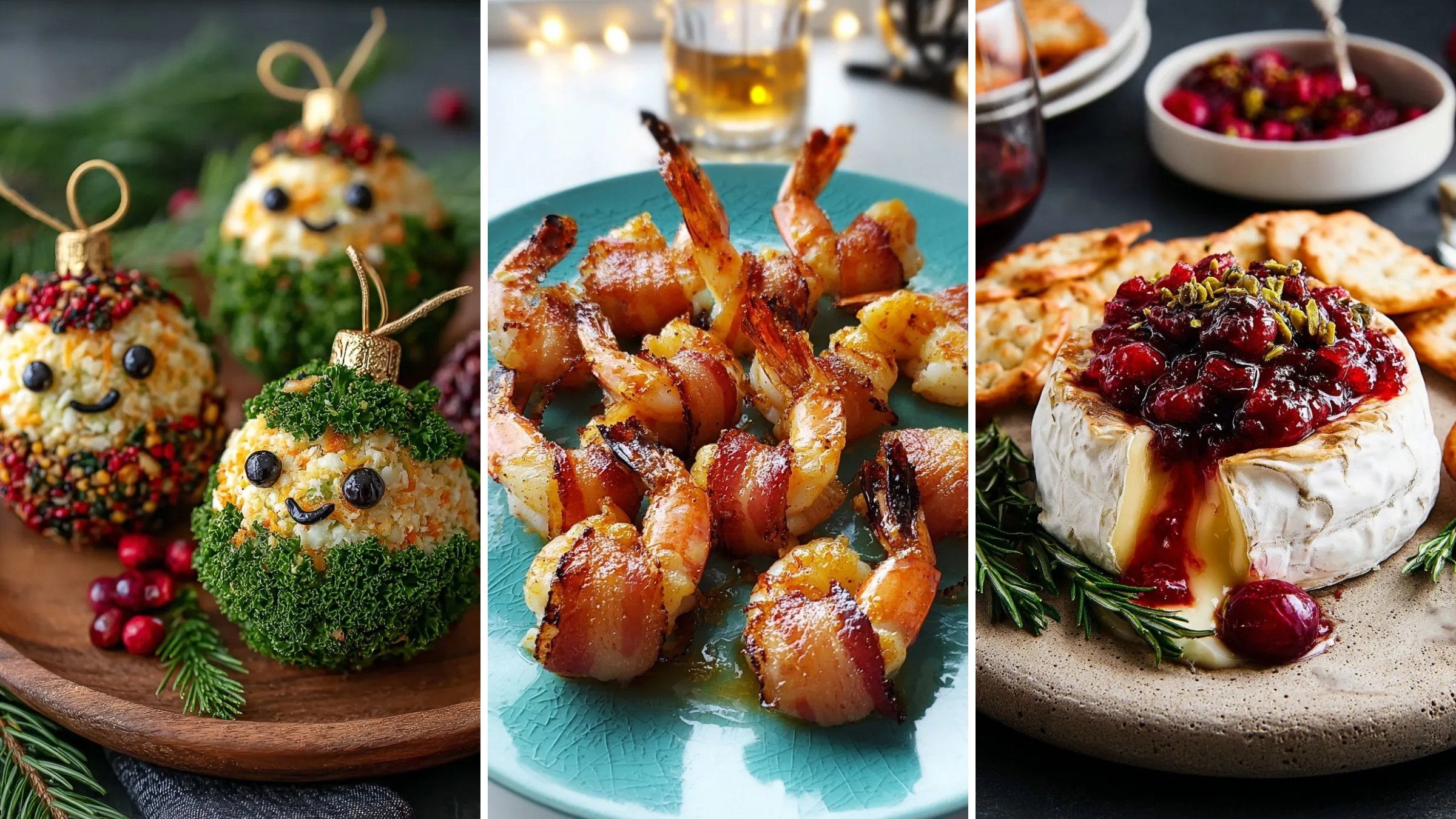 Easy holiday appetizers: Christmas ornament cheese balls, bacon wrapped shrimp and baked brie with cranberry sauce