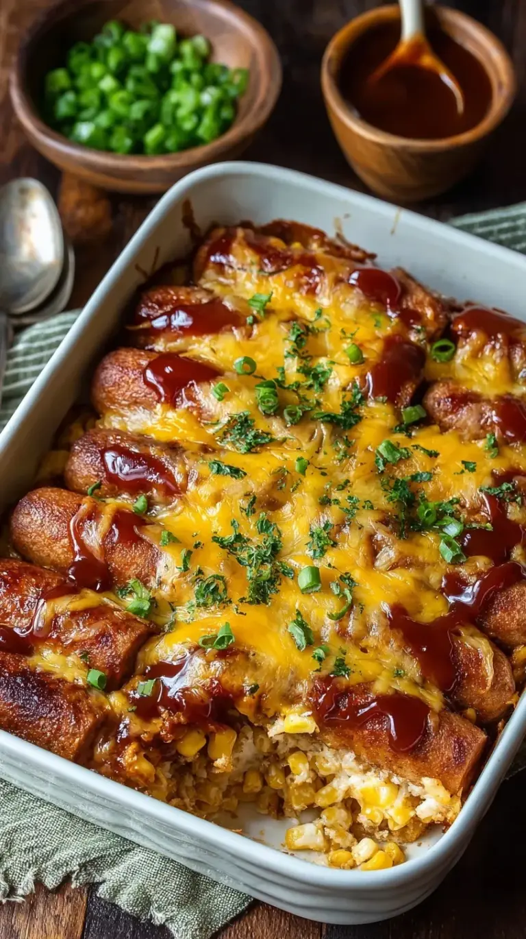 A golden brown Korean corn dog casserole in a baking dish with melted cheese and a panko topping.
