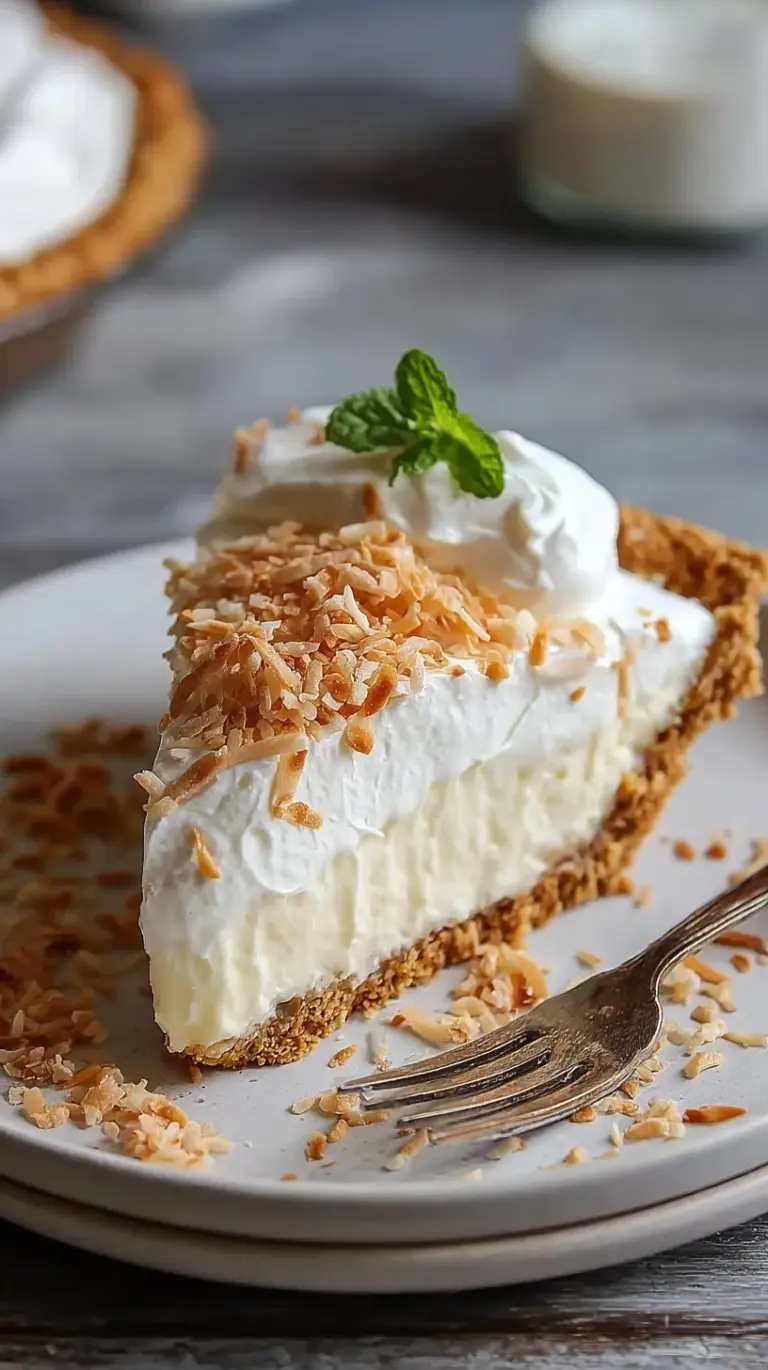 A slice of creamy coconut pie topped with toasted coconut and whipped cream on a white plate.