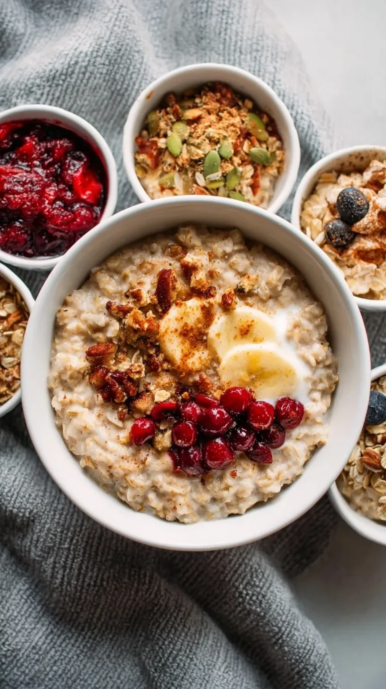 Easy oatmeal recipe in a white bowl topped with fresh berries and honey