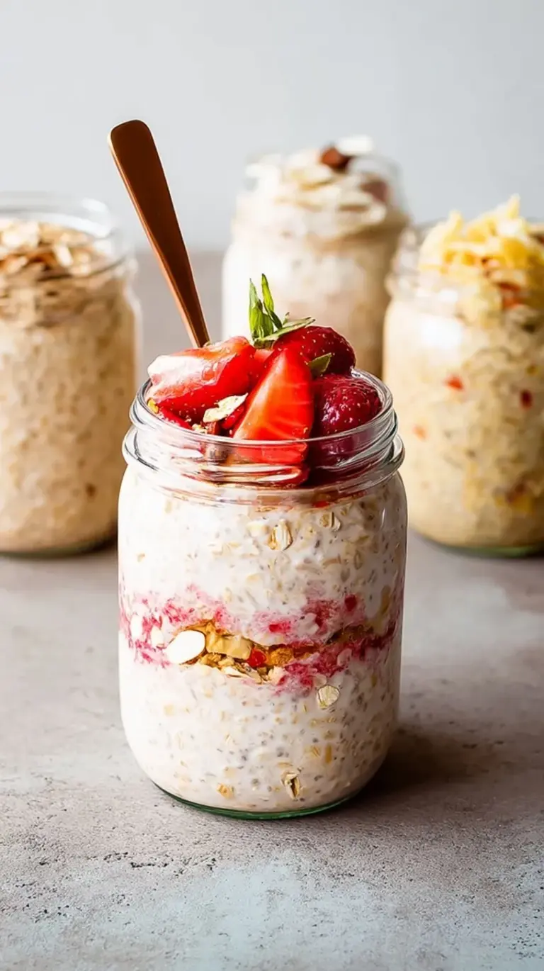 A jar of creamy Easy Overnight Oats topped with fresh berries and a drizzle of honey, ready for a healthy breakfast.