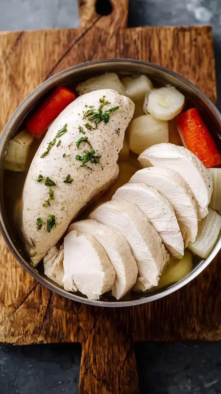 A close-up of perfectly sliced easy poached chicken breast on a wooden cutting board, ready for meal prep.