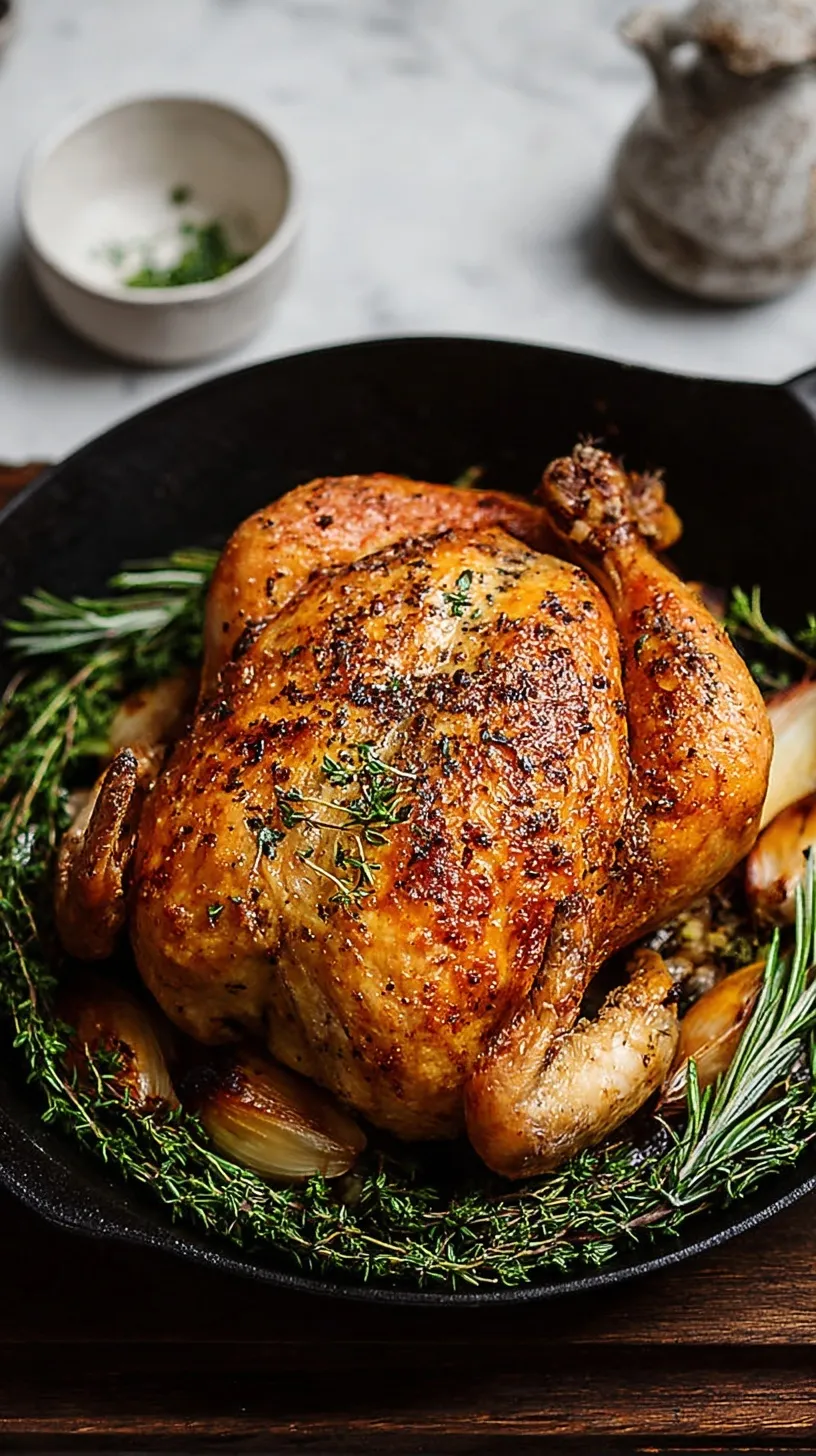 Golden easy roast chicken with crispy skin on a white platter surrounded by fresh herbs and roasted vegetables