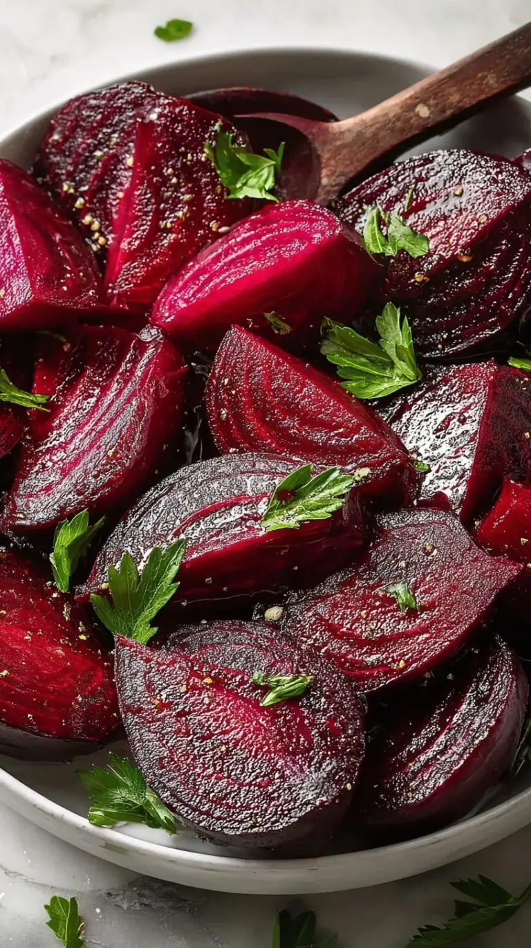 Tender roasted beets sliced on a plate with fresh herbs