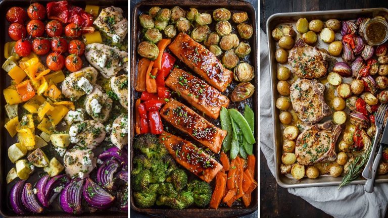 Easy sheet pan dinners: Greek chicken and veggies, teriyaki salmon and veggies, and pork chops with potatoes