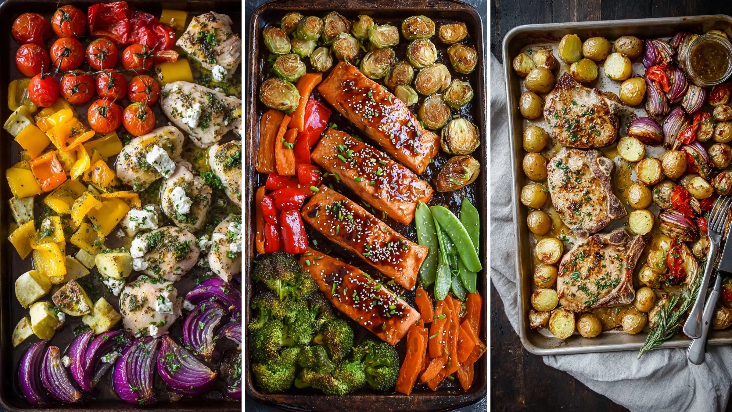 Easy sheet pan dinners: Greek chicken and veggies, teriyaki salmon and veggies, and pork chops with potatoes