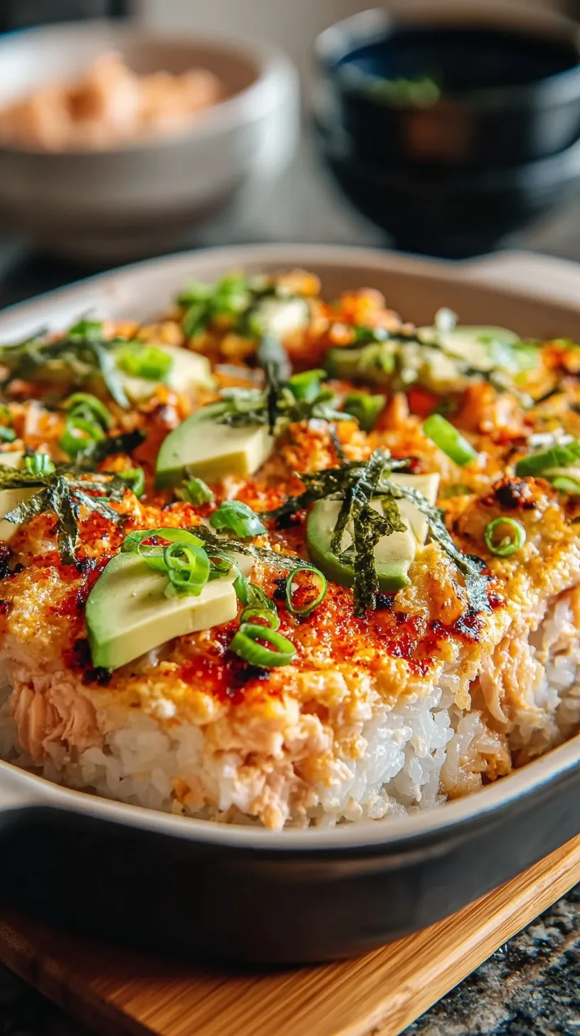 A golden, bubbling spicy salmon sushi bake in a ceramic dish garnished with green onions and furikake.