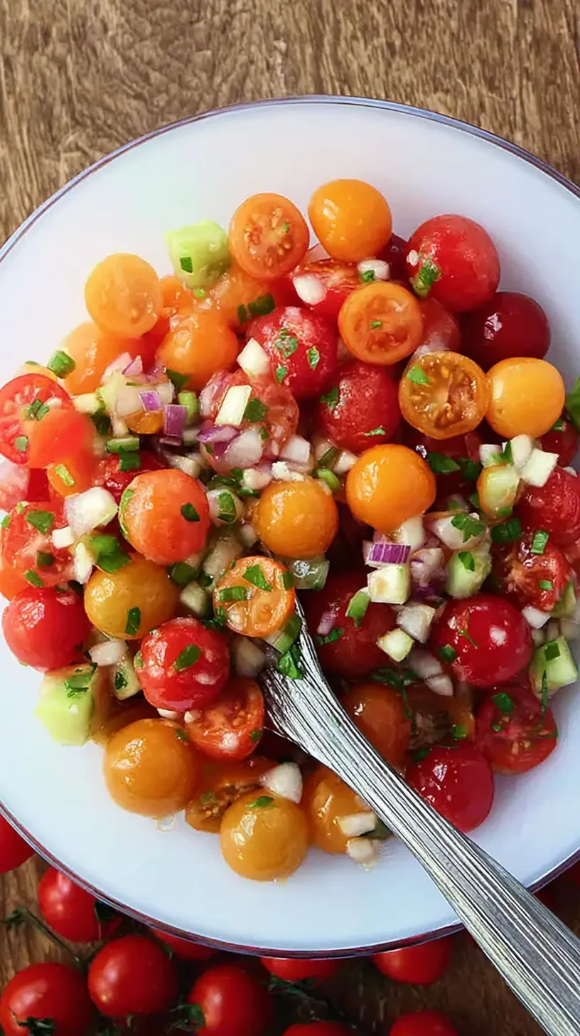 A bright glass bowl filled with diced tomatoes, sliced cucumbers, and red onions tossed in herb vinaigrette