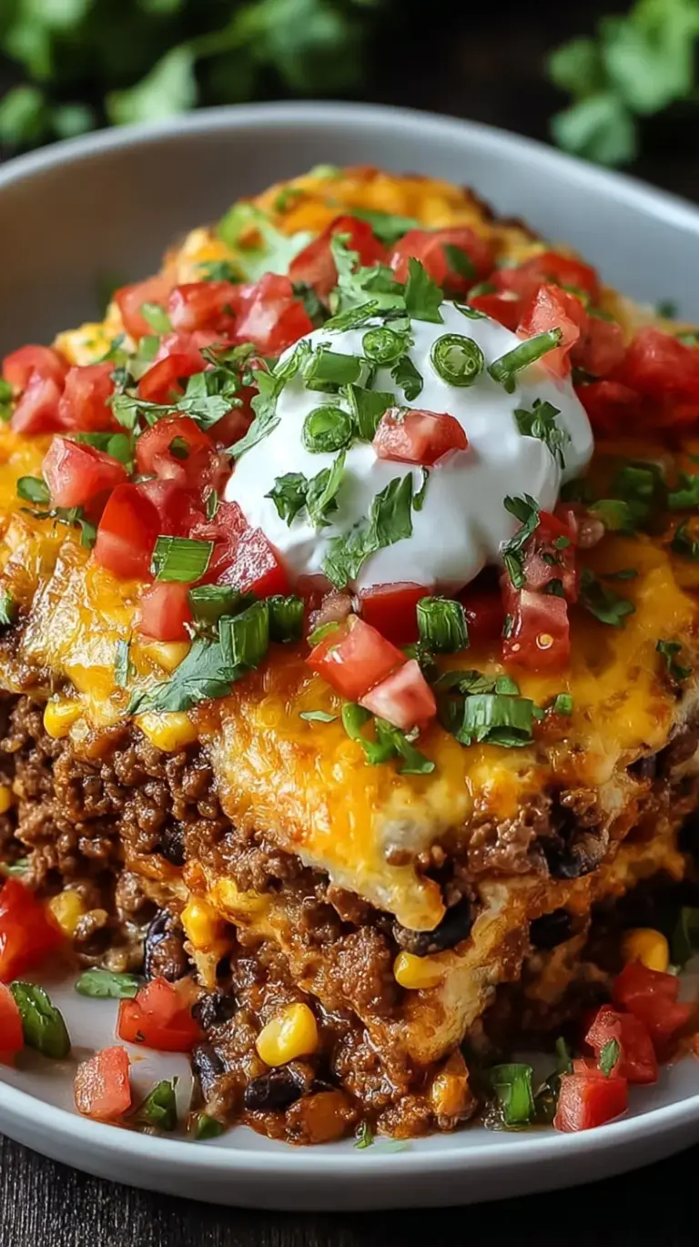 A golden, bubbly taco casserole in a glass baking dish topped with fresh lettuce and tomatoes.
