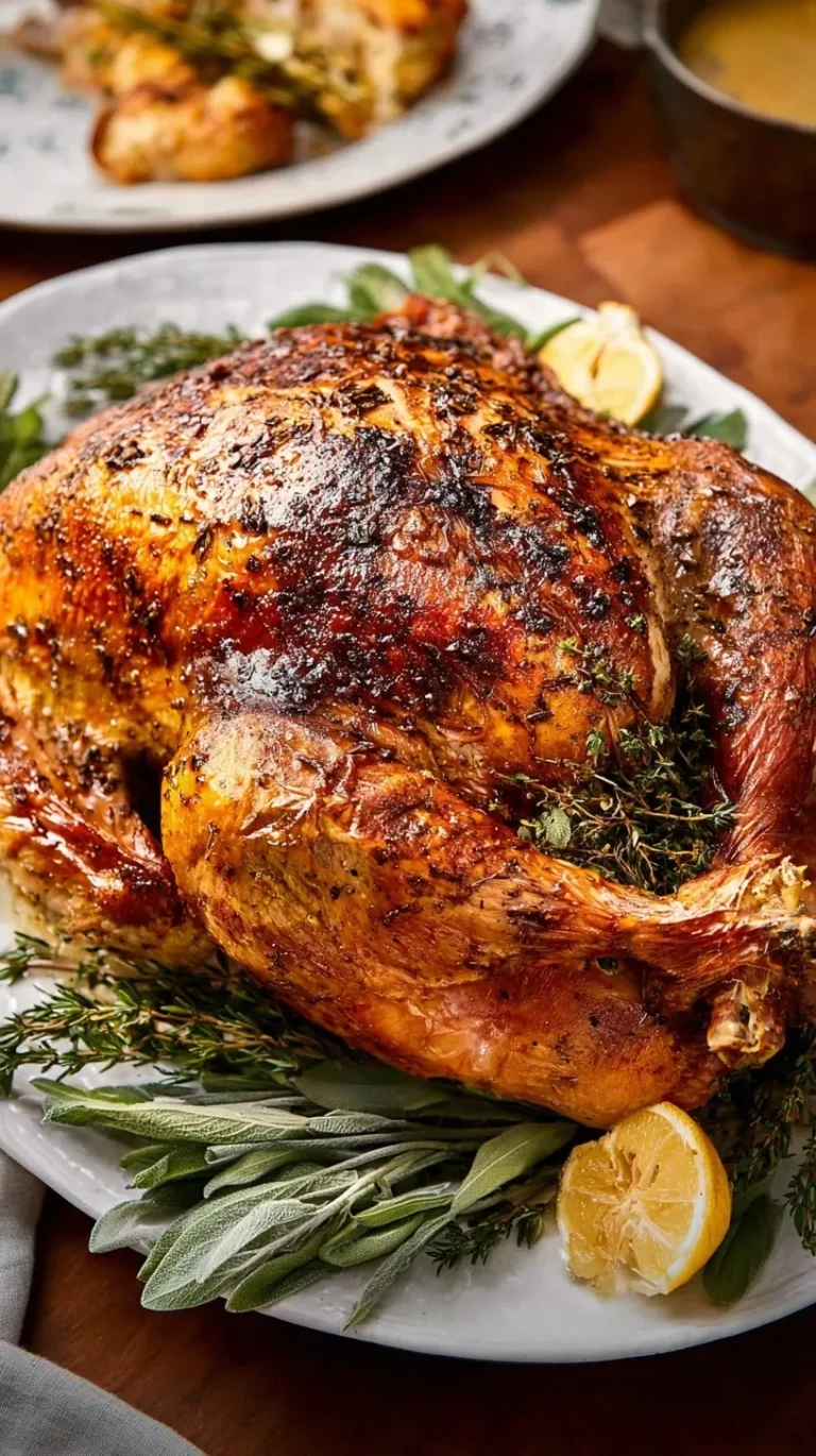 Easy Thanksgiving turkey recipe showing golden brown roasted turkey on a white platter garnished with fresh herbs