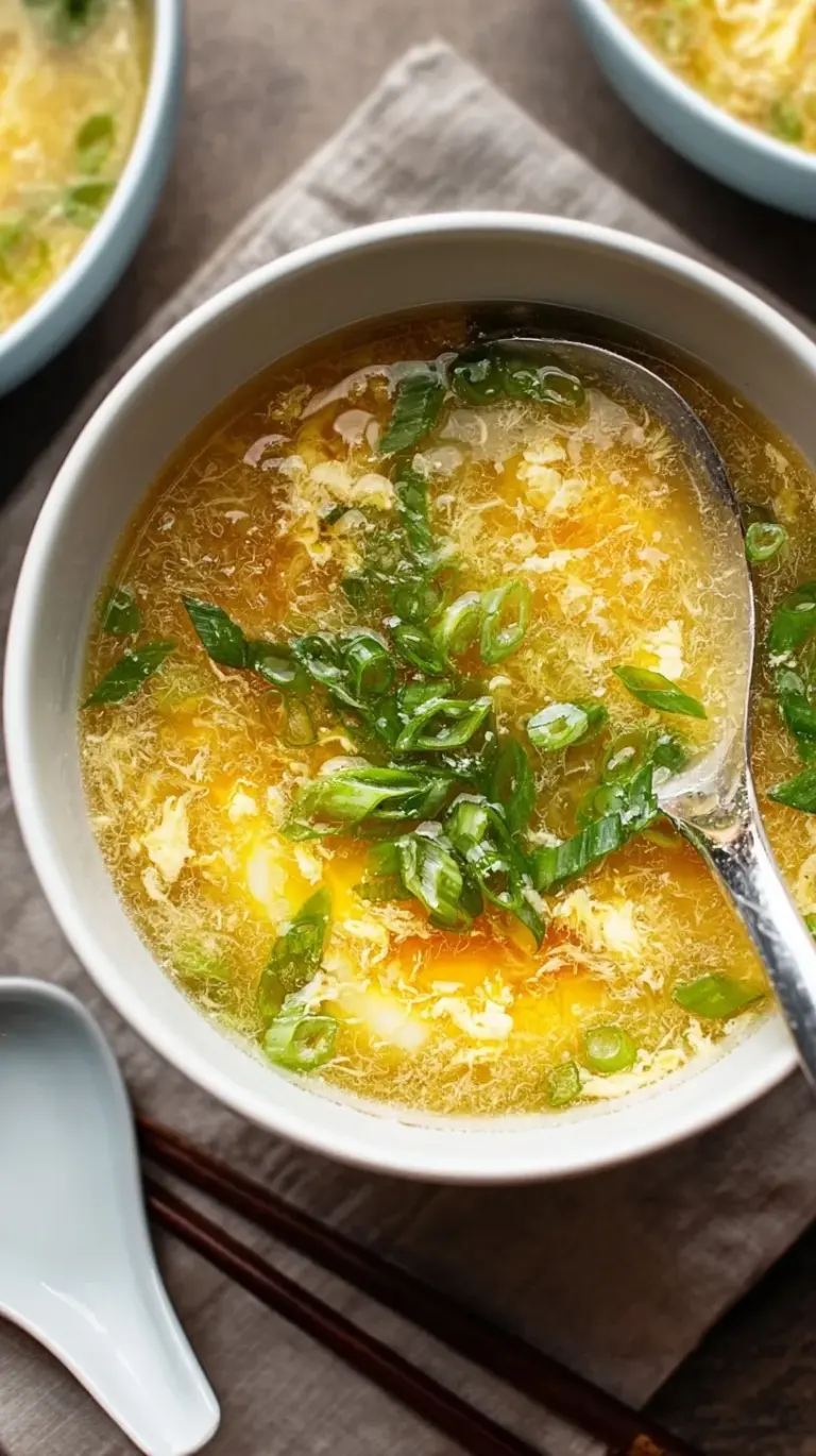 A steaming bowl of homemade Egg Drop Soup with delicate golden egg ribbons and chopped green onions, ready to be enjoyed.