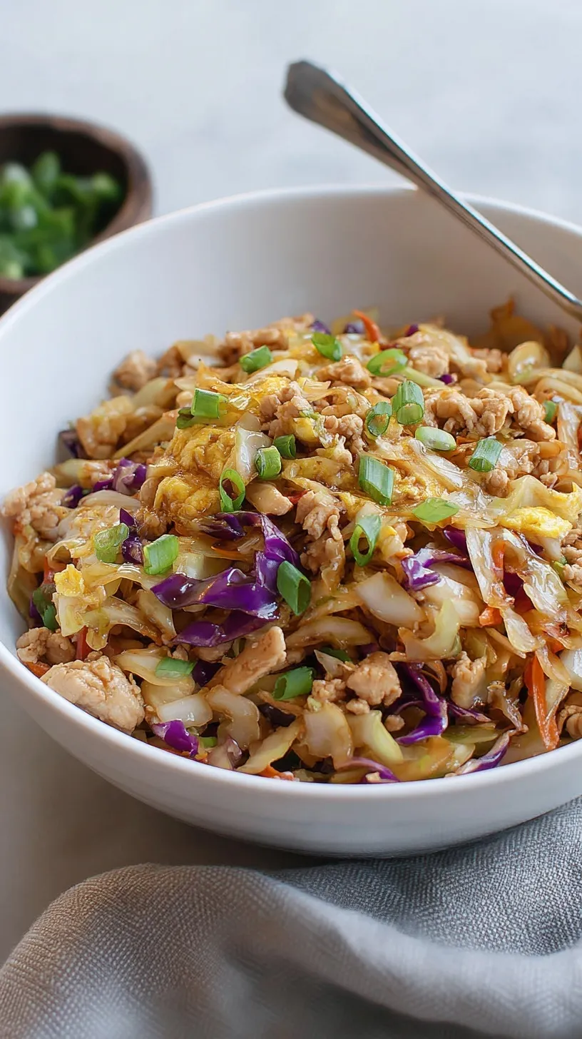 A bowl of ground chicken and shredded cabbage garnished with green onions and sesame seeds
