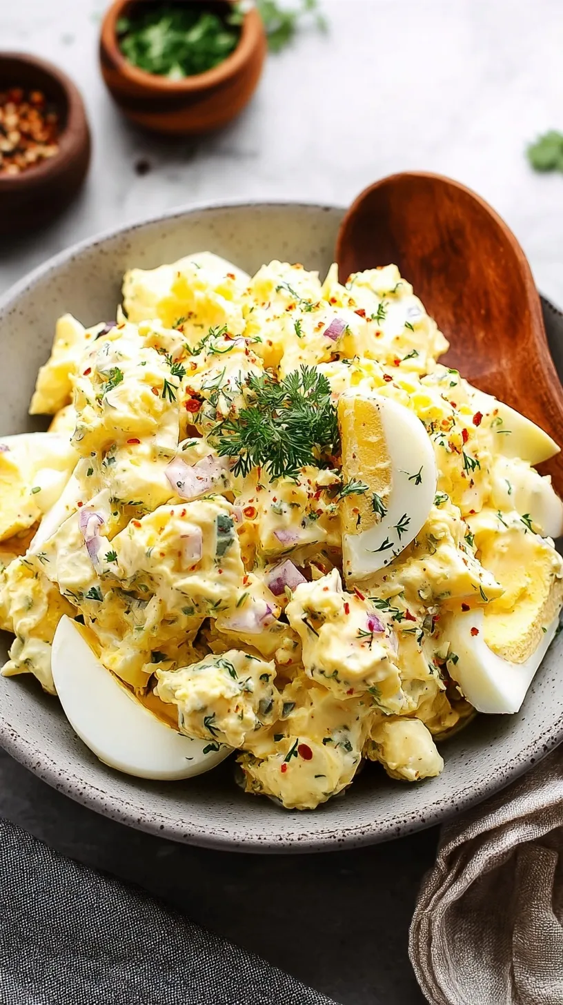 A bowl of creamy classic egg salad garnished with fresh dill and paprika, ready to be served.