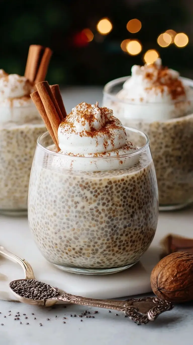 A glass jar filled with creamy eggnog chia pudding topped with a dash of nutmeg and a cinnamon stick.