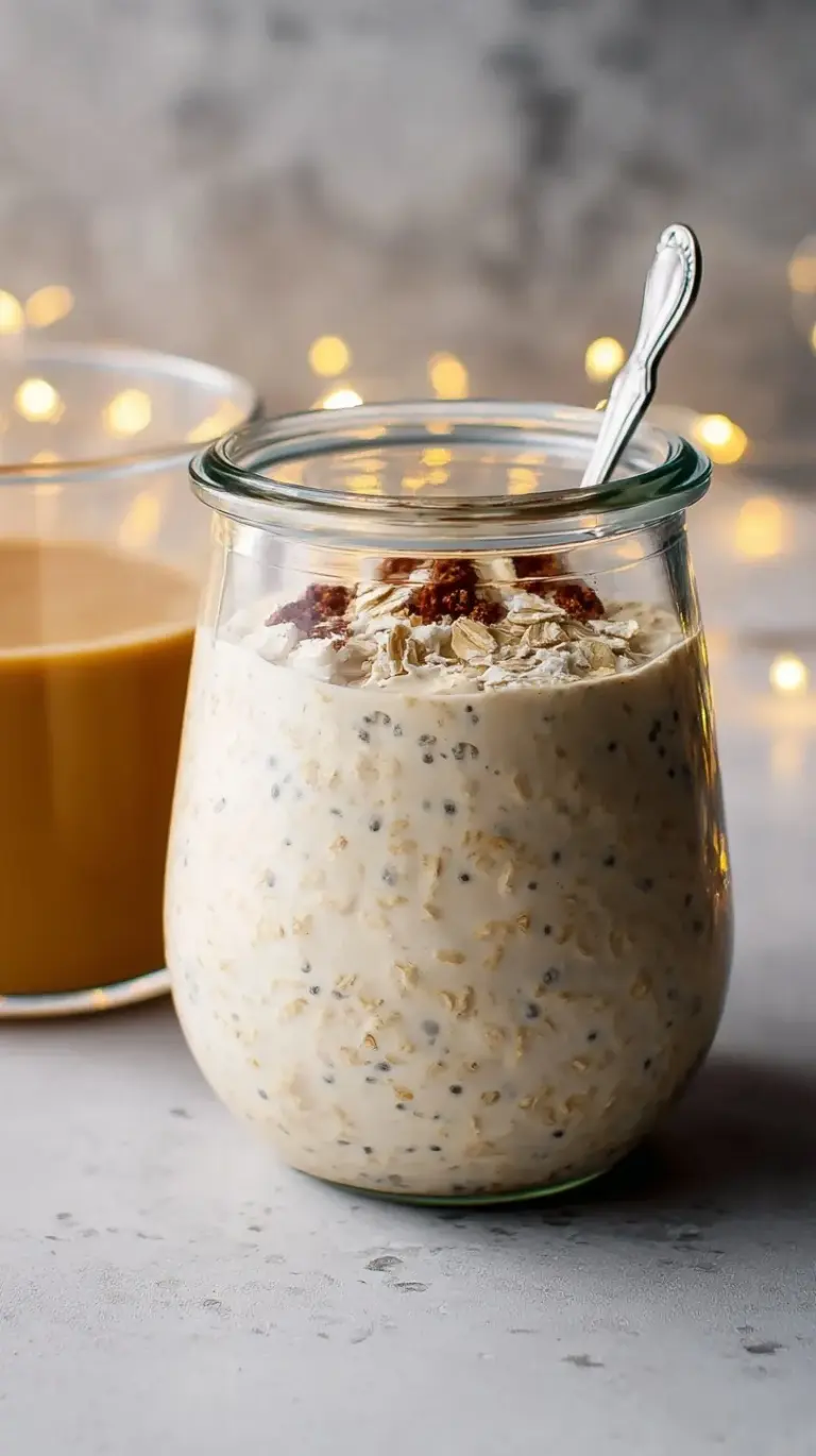 A glass jar filled with creamy eggnog overnight oats topped with a sprinkle of nutmeg and a cinnamon stick.