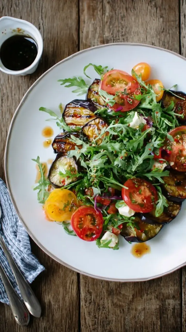 A vibrant salad featuring roasted eggplant cubes, red heirloom tomato wedges, and green arugula on a white plate.
