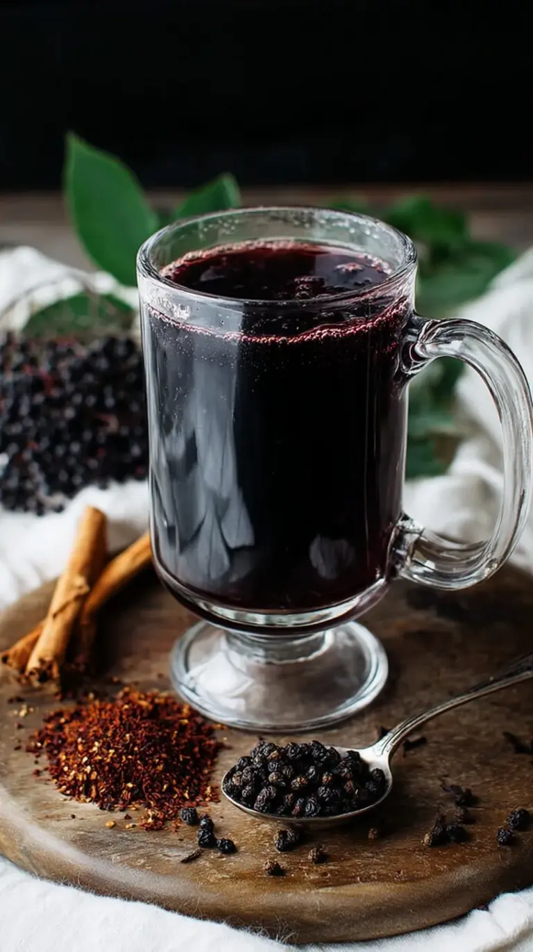 A steaming mug of dark purple elderberry tea with a cinnamon stick and lemon slice on a wooden table.