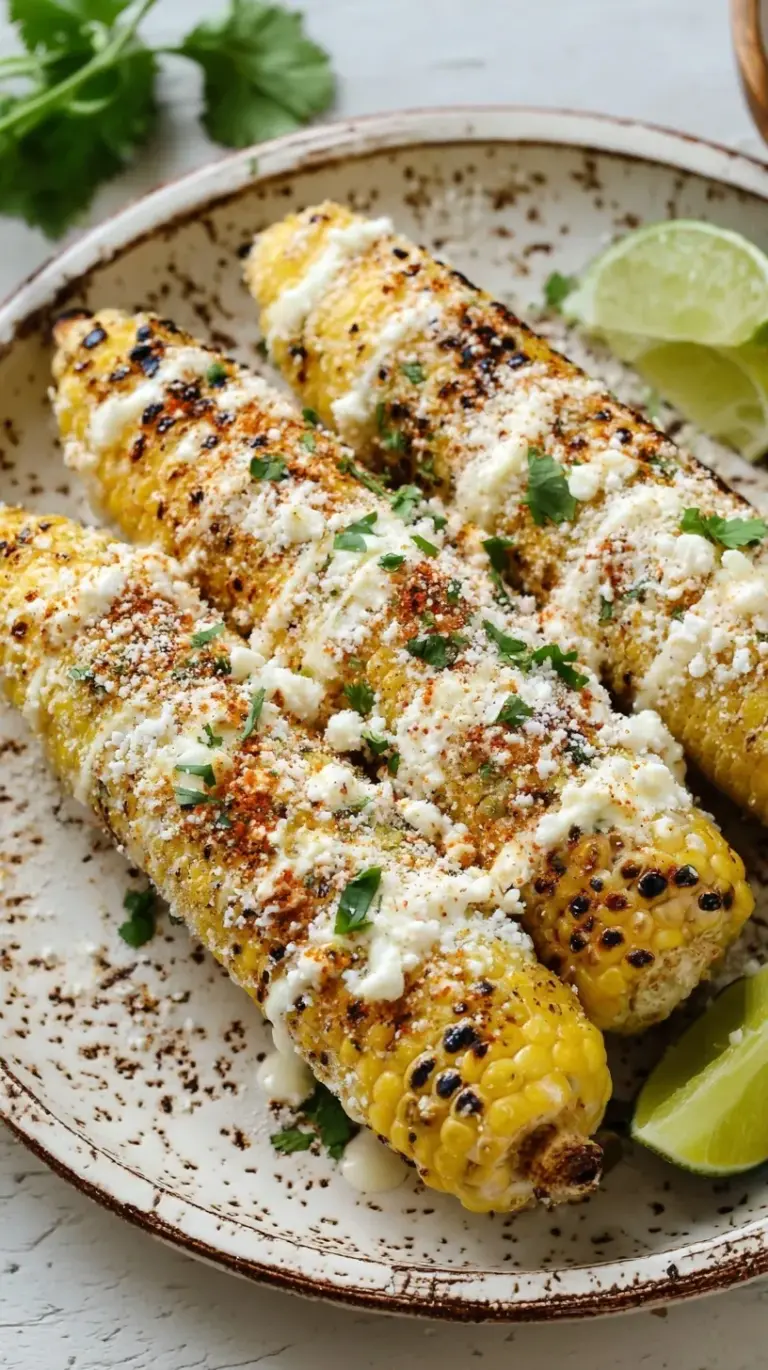 Four ears of grilled Mexican street corn topped with cream, cheese, and cilantro on a platter.