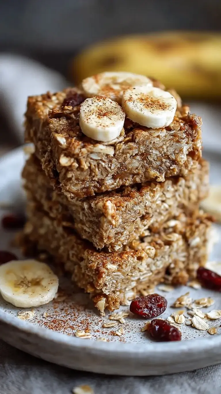 A stack of golden brown banana oatmeal bars on a piece of parchment paper.
