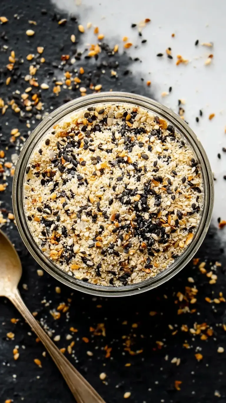 A close-up of homemade Everything Bagel Seasoning in a small glass jar with a wooden spoon, showcasing the sesame seeds, poppy seeds, garlic, and onion flakes.