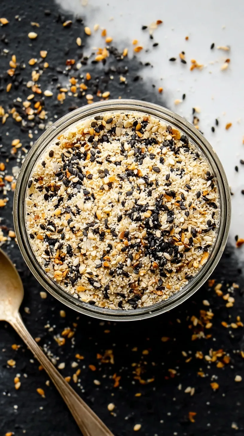 A close-up of homemade Everything Bagel Seasoning in a small glass jar with a wooden spoon, showcasing the sesame seeds, poppy seeds, garlic, and onion flakes.