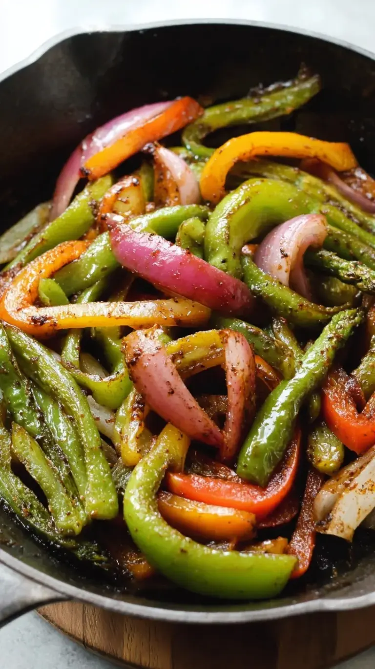 A vibrant skillet full of golden-brown, tender-crisp Fajita Veggies (Chipotle Copycat) with sliced bell peppers and onions.