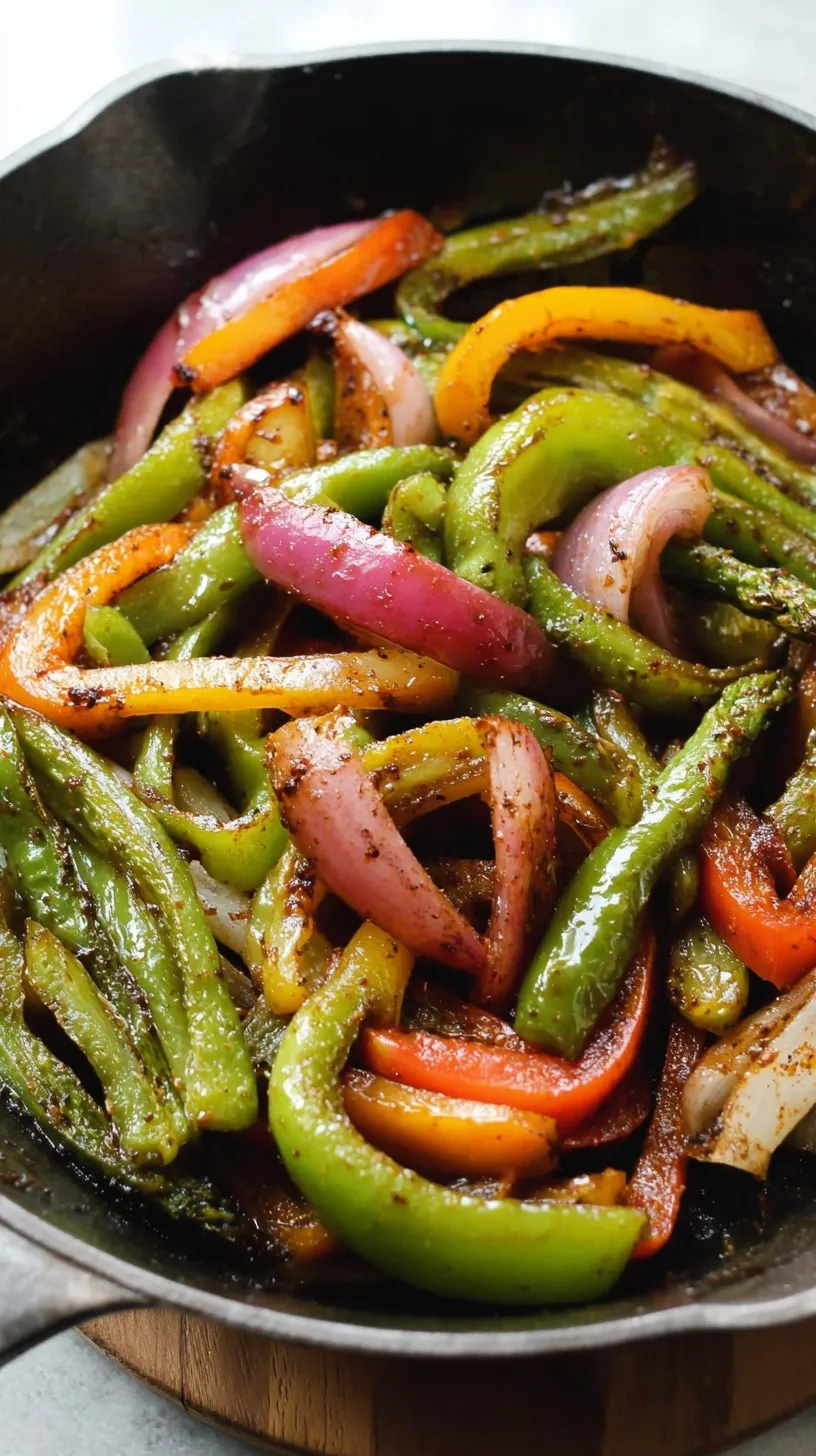 A vibrant skillet full of golden-brown, tender-crisp Fajita Veggies (Chipotle Copycat) with sliced bell peppers and onions.