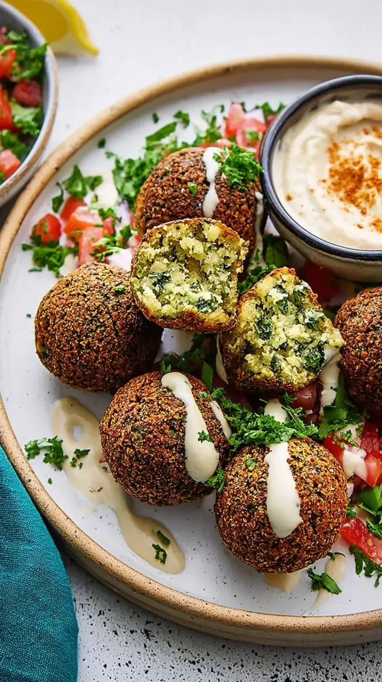 Golden brown crispy traditional falafel balls served on a platter with fresh herbs and tahini sauce