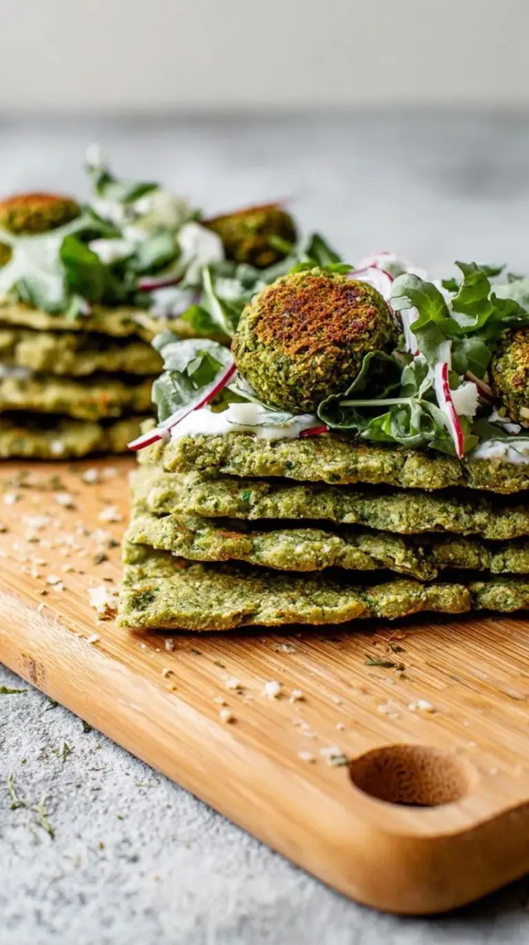 Crispy falafel patties on warm flatbread with tomatoes, cucumbers, and tahini drizzle
