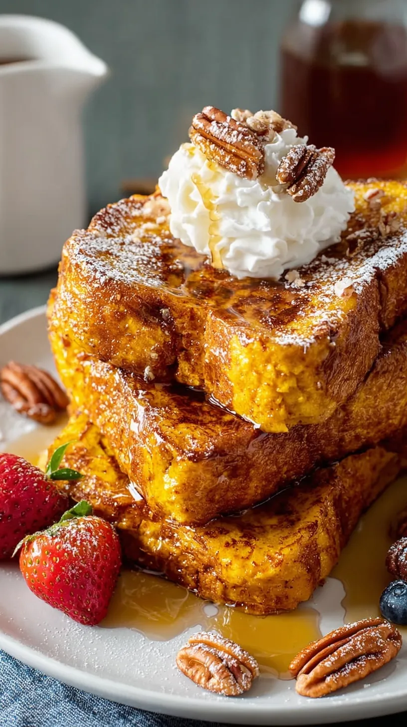 Golden brown pumpkin french toast slices on a white plate with maple syrup and a dusting of cinnamon.