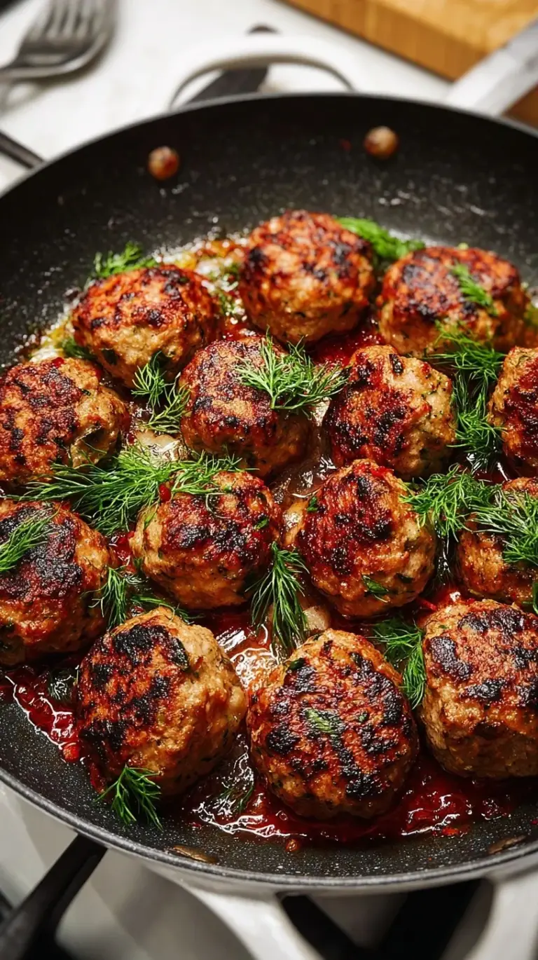 A close-up of golden-brown Fennel Pork Meatballs, garnished with fresh parsley, ready to be served.
