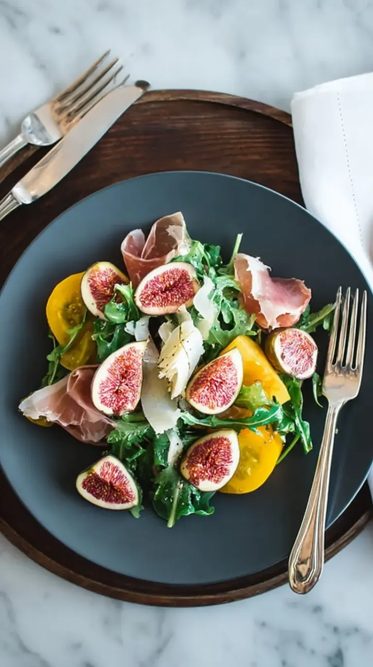 A vibrant golden beet salad with fresh figs, ribbons of prosciutto, and crumbled goat cheese on a bed of arugula.