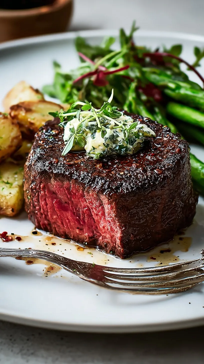 A perfectly pan-seared filet mignon steak, golden brown crust, resting on a white plate with melted herb butter.