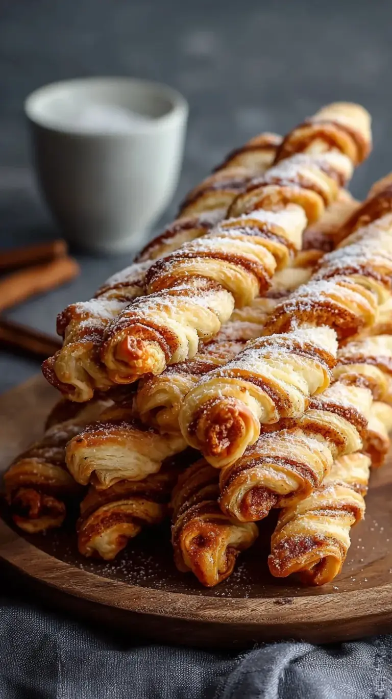 Golden brown cinnamon puff pastry twists stacked on a wire cooling rack
