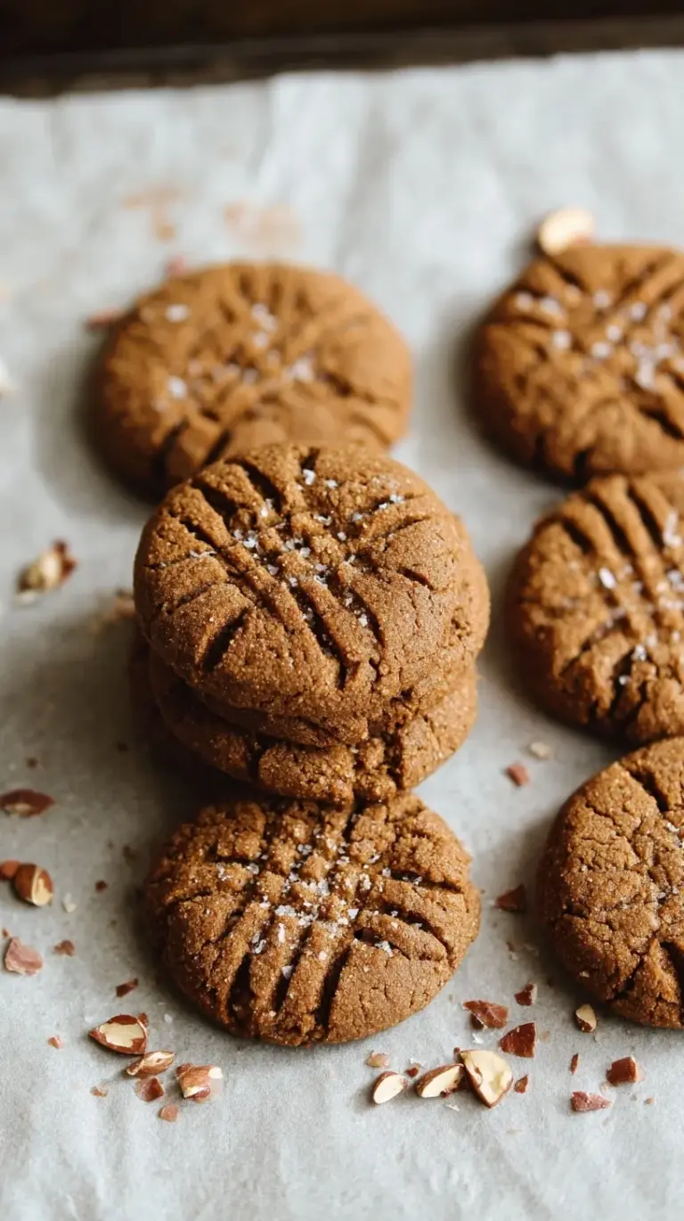 A stack of chewy flourless almond butter cookies with dark chocolate chips on parchment paper.