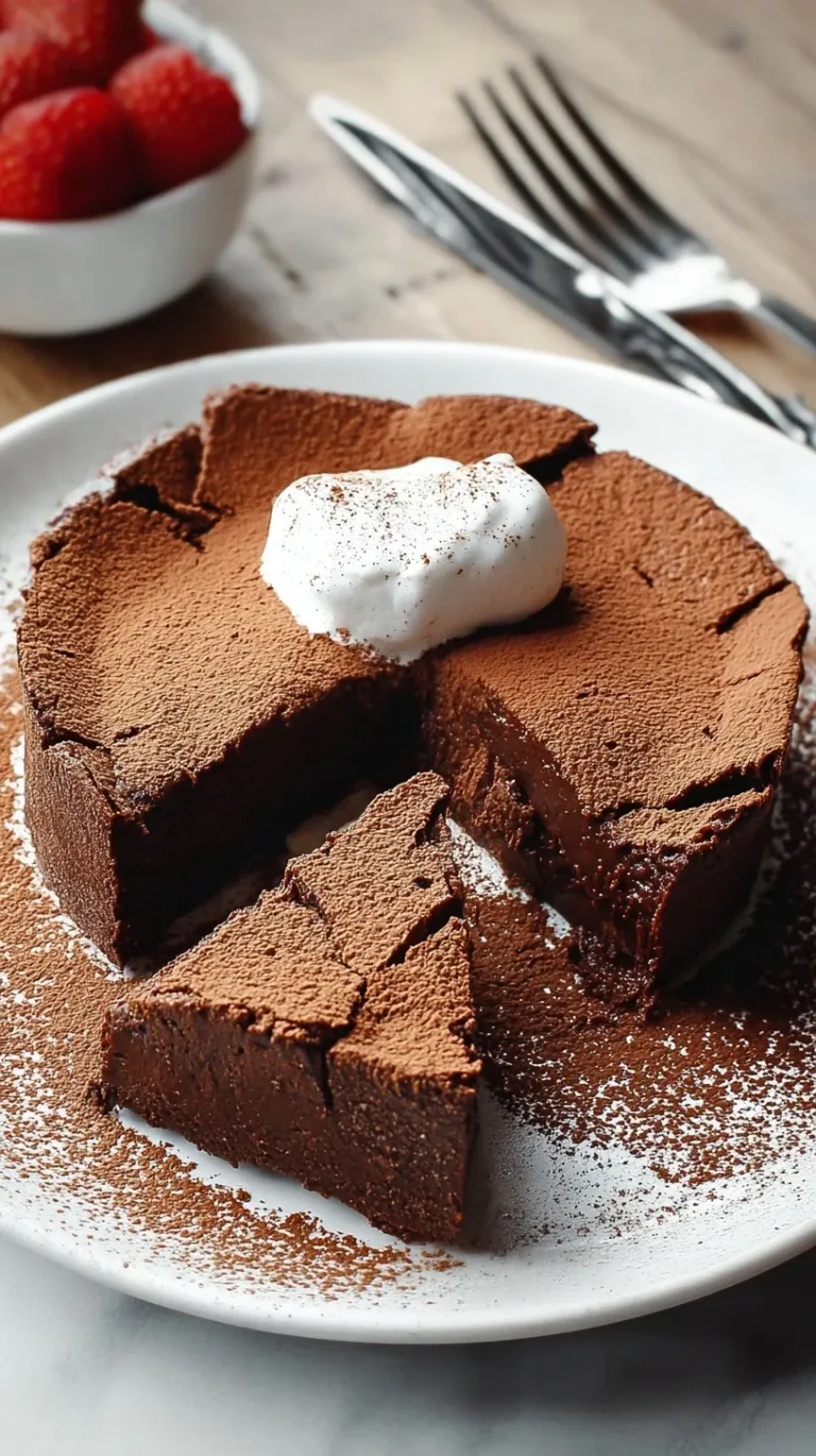 Slice of rich flourless chocolate cake with powdered sugar and fresh berries on white plate