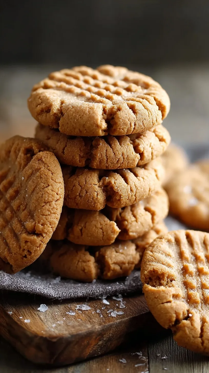 A stack of golden brown flourless peanut butter cookies with a classic fork crisscross pattern on a cooling rack.