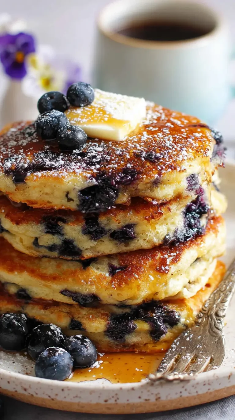 Overhead photo of fluffy blueberry pancakes with maple syrup