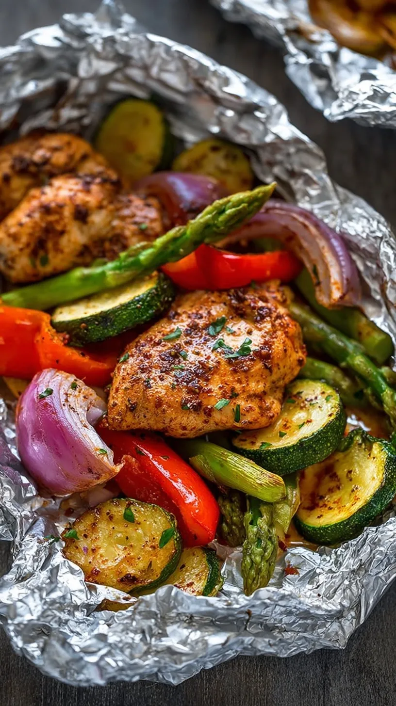 Four foil packets opened to reveal seasoned Cajun chicken, zucchini, peppers, and red onions garnished with parsley.